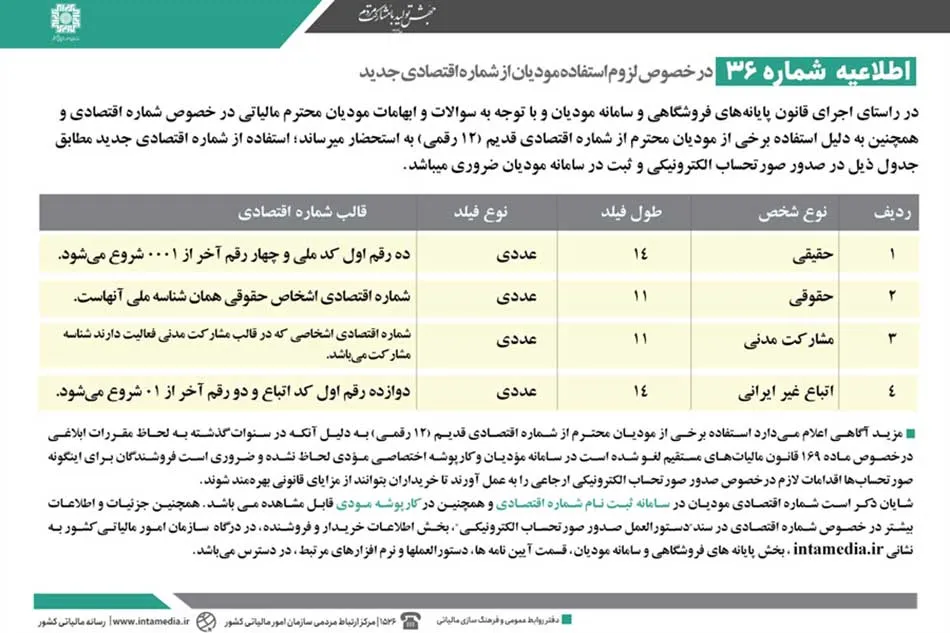 تصویر رسمی اطلاعیه شماره 36: در خصوص لزوم استفاده مودیان از شماره اقتصادی جدید